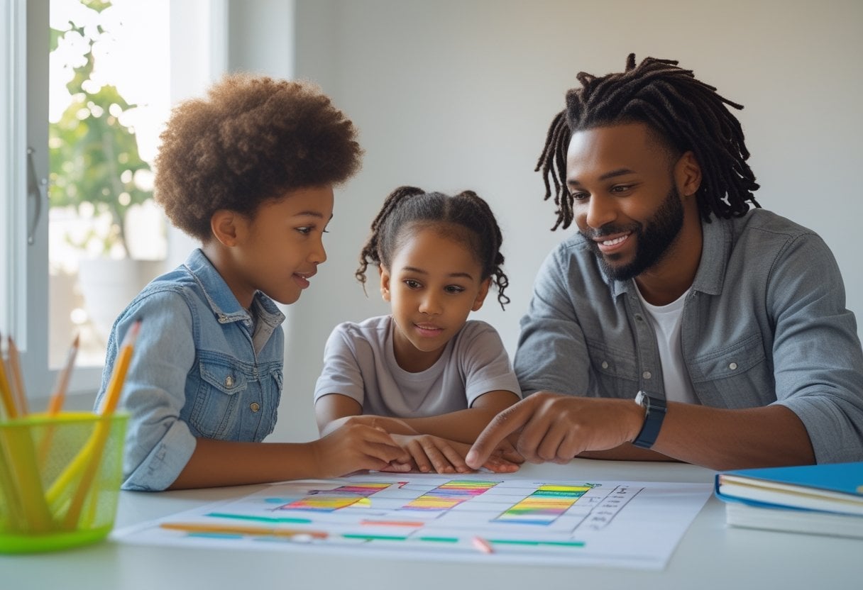 A parent and child working together at a table, planning and organizing tasks using a colorful chart.