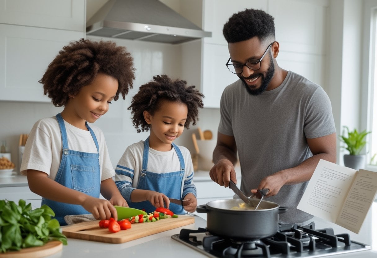 A parent and two children cooking together in a kitchen, chopping vegetables, boiling food on the stove, and reading a recipe.