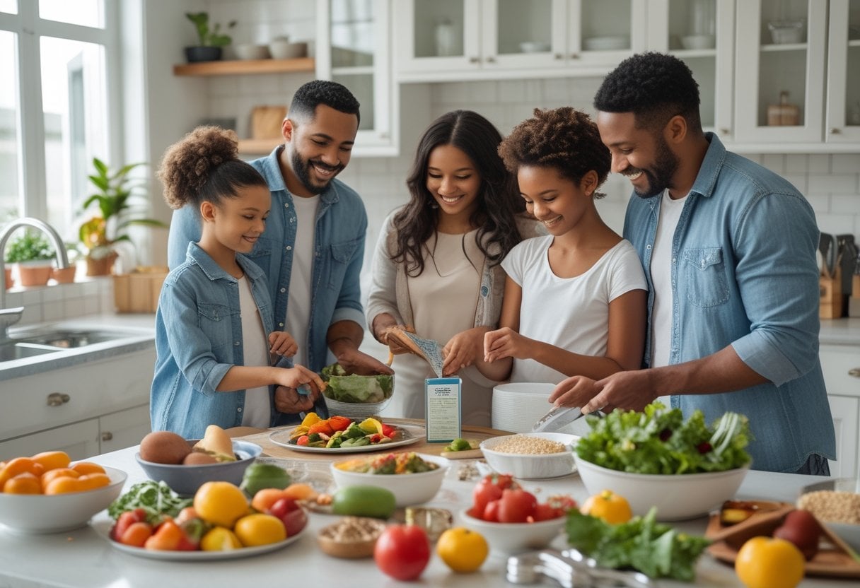 A family preparing a healthy meal together in a clean kitchen, focusing on food safety and nutrition.
