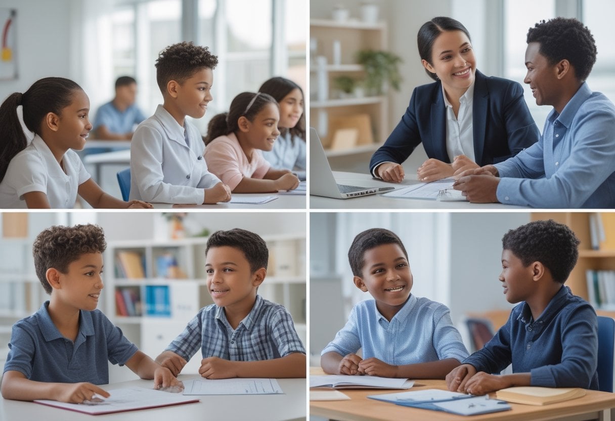 Children confidently talking with a teacher, a doctor, and an employer in different supportive and professional settings.