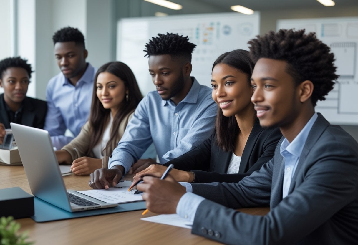 Young adults in an office setting practicing resume writing and interview skills during a job readiness workshop.