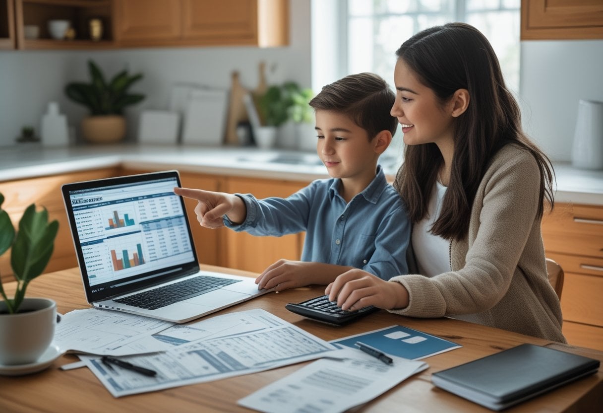 A parent and child sitting at a kitchen table working together on budgeting and bills with a laptop and calculator.