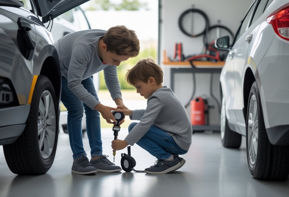 A parent teaching a child how to check car oil and tire pressure in a garage with jumper cables visible nearby.