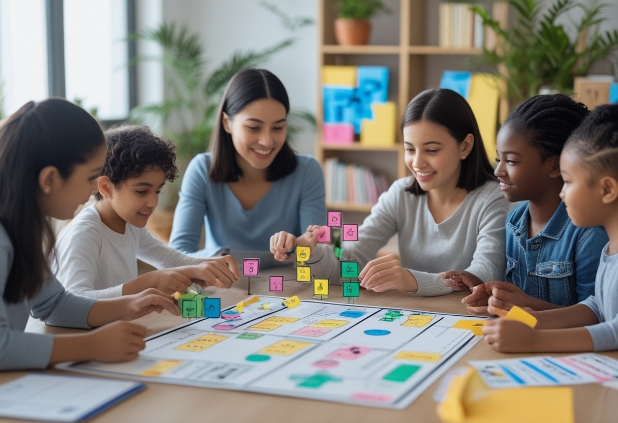 Parents and children working together around a table using charts and puzzles to learn decision-making and problem-solving.