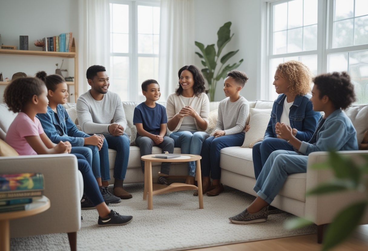 A group of parents and children sitting together in a living room, having a respectful and attentive conversation.