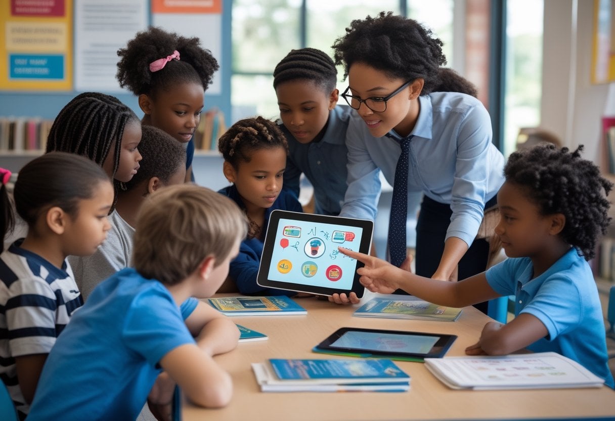 Children and a teacher in a classroom working together on media literacy and critical thinking activities.