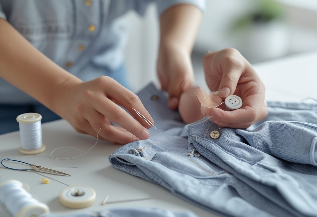 Hands mending a button and repairing a hem on clothing with sewing tools nearby.