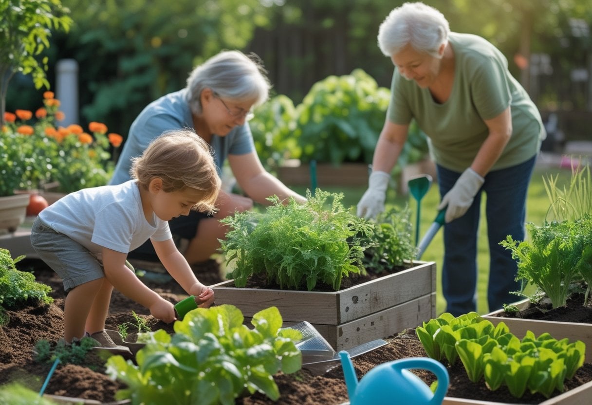 A family of three generations gardening together in a backyard, planting seeds and watering vegetables.