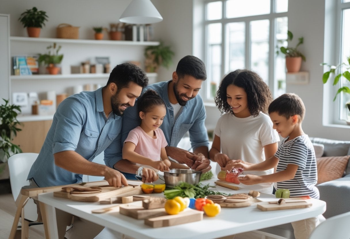 A family of parents and children learning practical skills together in a bright living room.