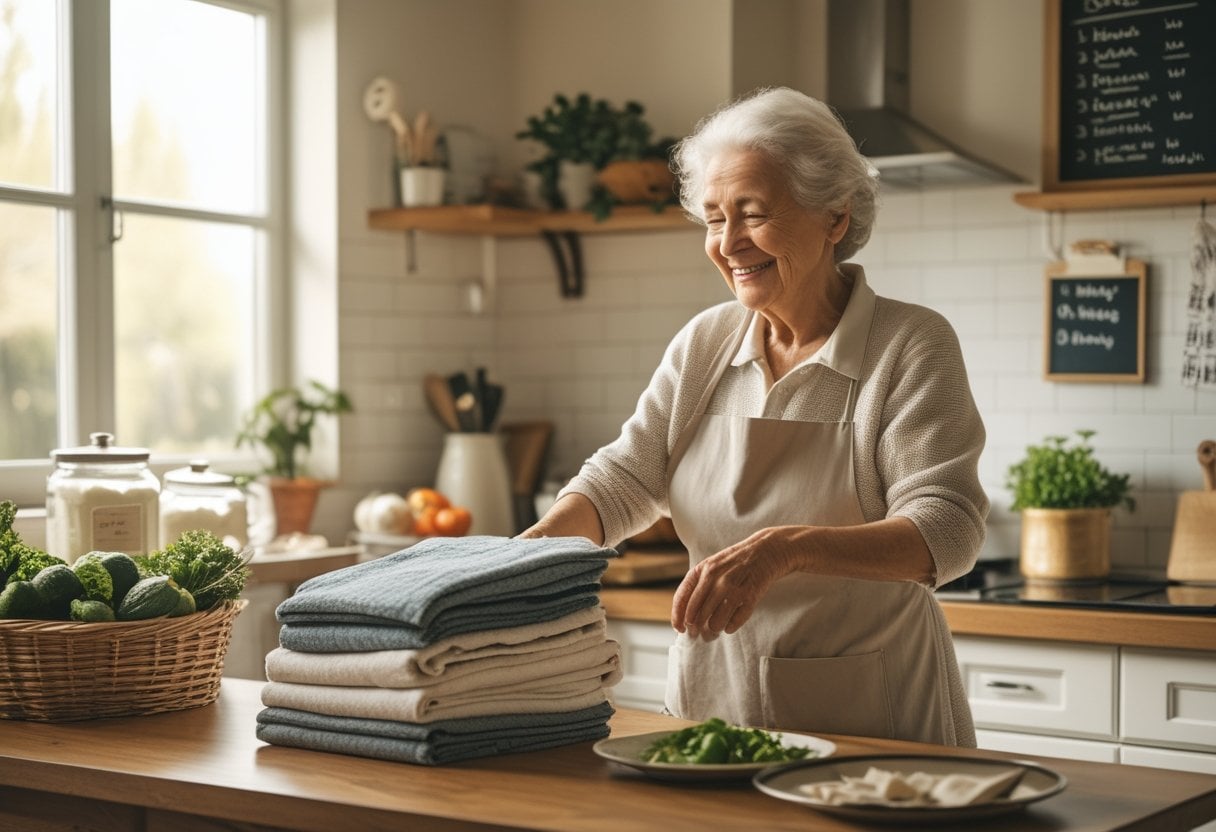 An elderly grandmother smiling while folding laundry in a tidy, well-organized kitchen with household items around her.