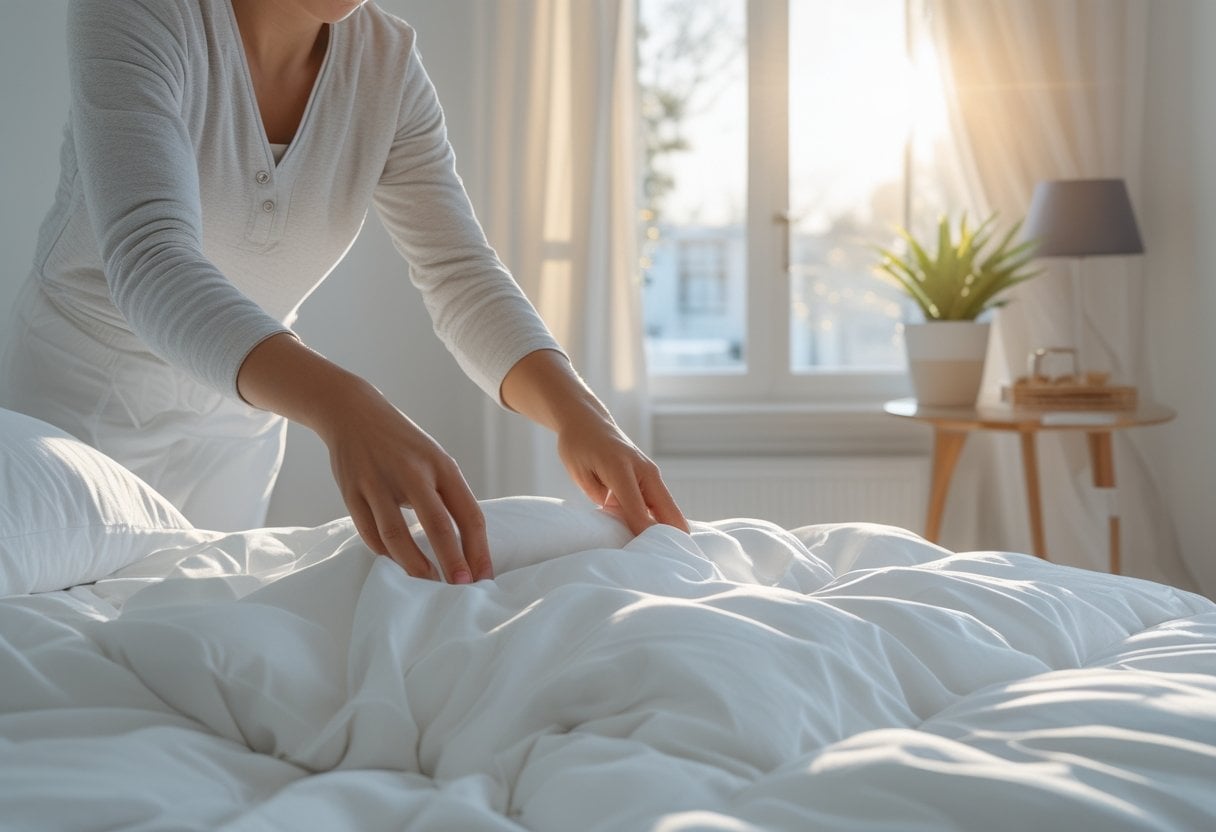 Person making a neatly arranged bed in a sunlit bedroom.
