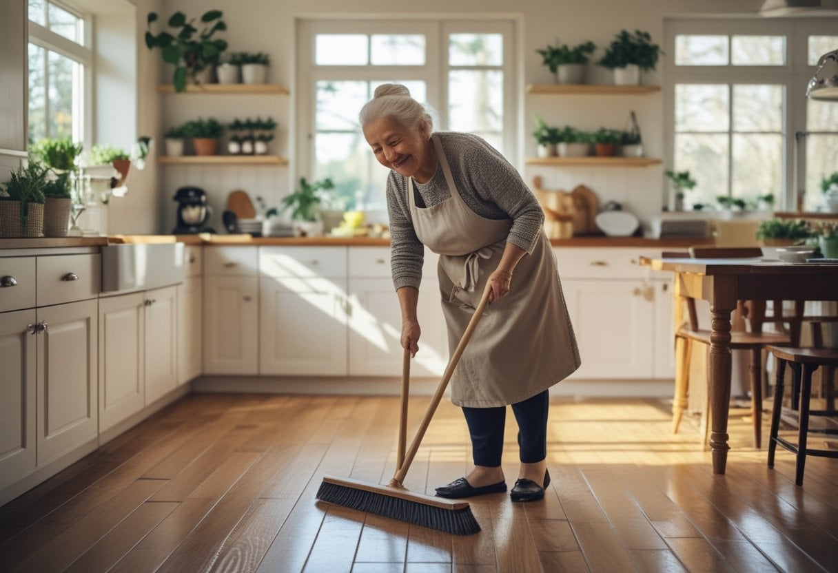 An elderly woman sweeping a wooden kitchen floor with a soft-bristle broom in a bright and tidy kitchen.