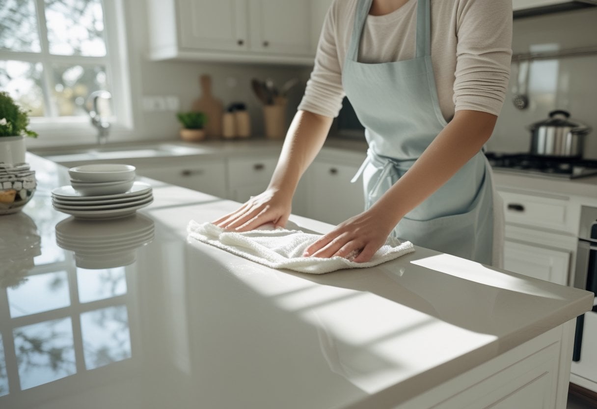 A person wiping a clean kitchen counter with a cloth in a bright, tidy kitchen.