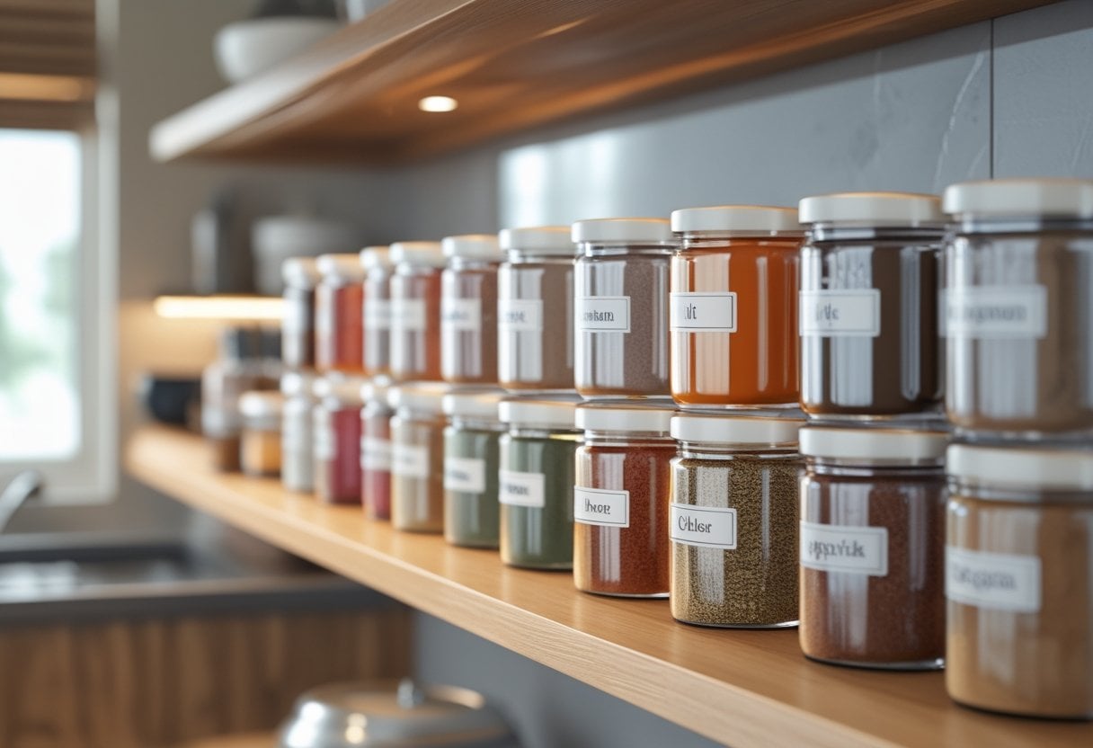 A neatly organized wooden spice shelf with labeled glass jars in a clean kitchen.