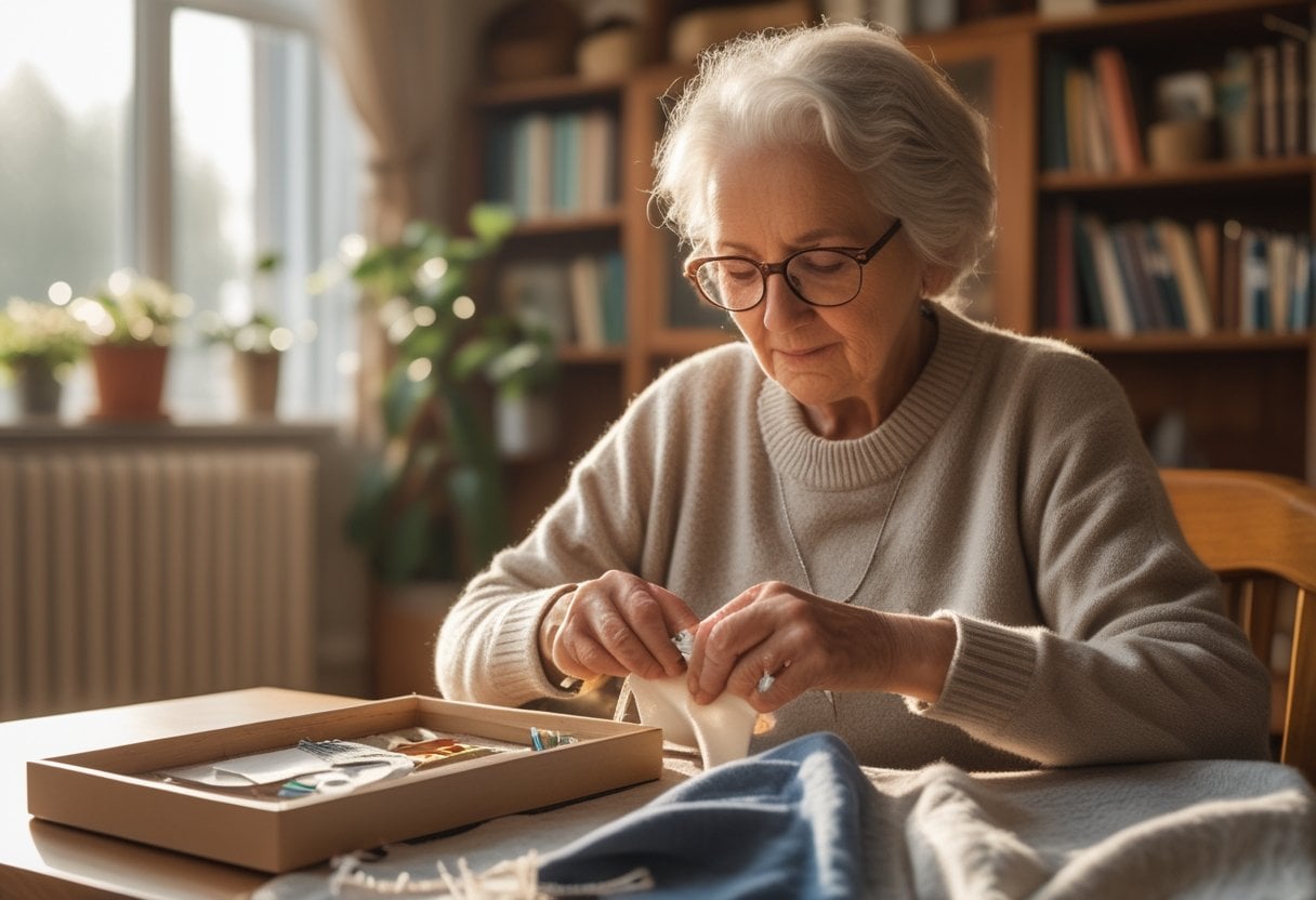 An elderly woman sewing a small tear in a piece of clothing at a wooden table in a cozy living room.