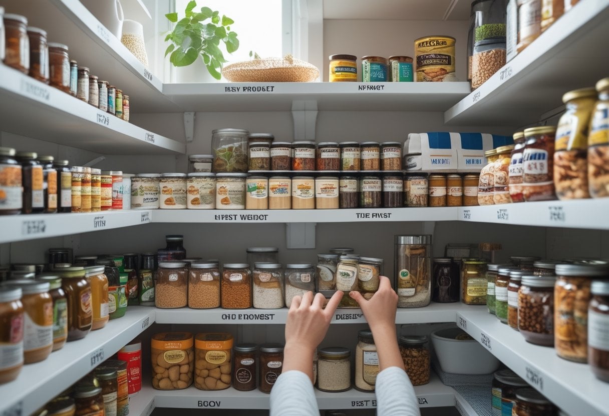 A well-organized kitchen pantry with food items arranged by date, showing a person placing a new item at the back of the shelf.