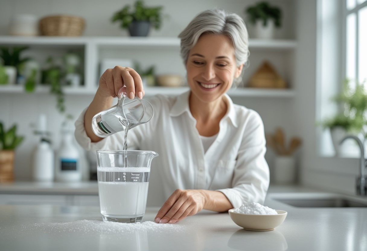 A woman pouring vinegar into a measuring cup next to a bowl of baking soda on a kitchen counter.
