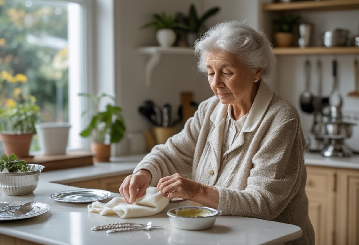 An elderly woman polishing a piece of silverware carefully in a bright, tidy kitchen.