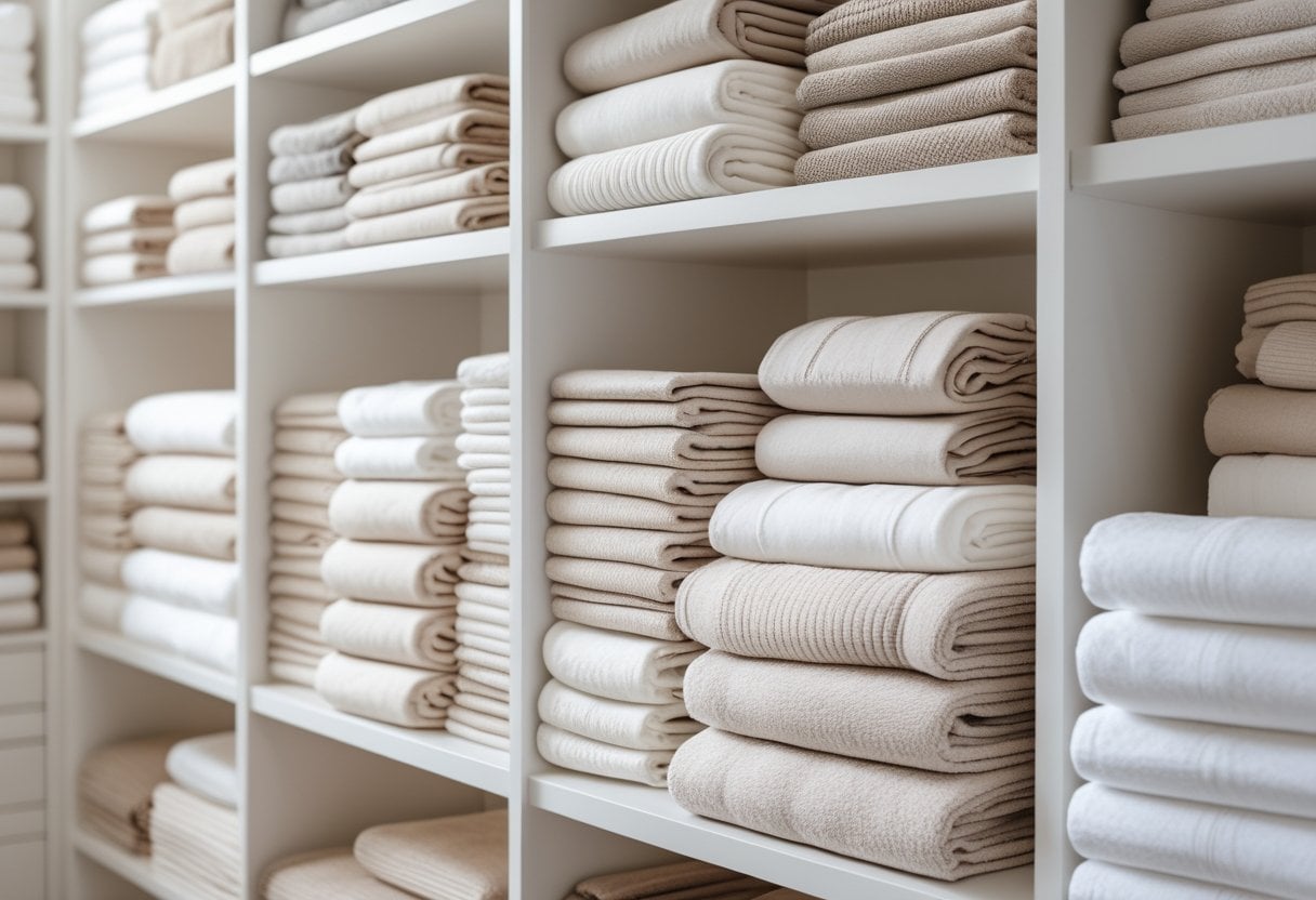 Neatly folded household linens organized by type and size on shelves in a clean linen closet.