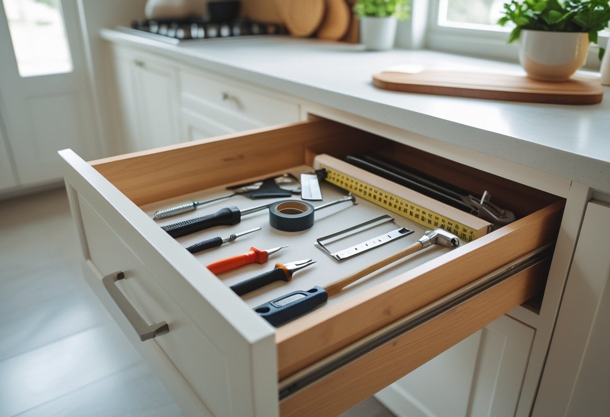 An open kitchen drawer showing a small repair kit with tools like a screwdriver, hammer, and tape inside.
