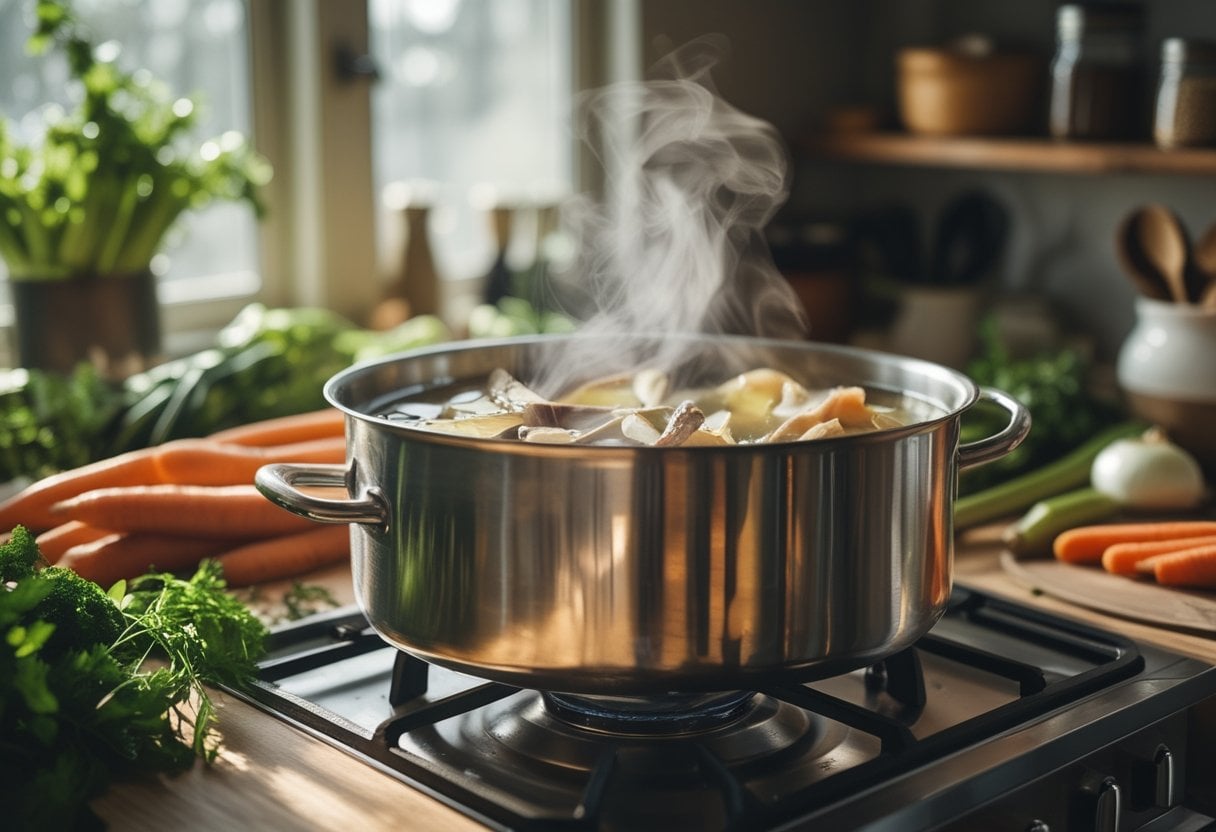 A pot simmering on a stove with leftover bones and vegetables for soup stock in a cozy kitchen.