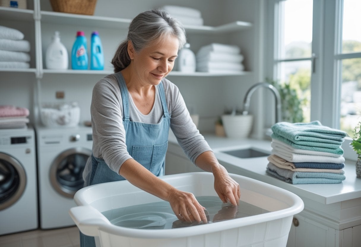 A woman pre-soaking stained clothes in a basin in a bright laundry room with organized shelves and a washing machine.