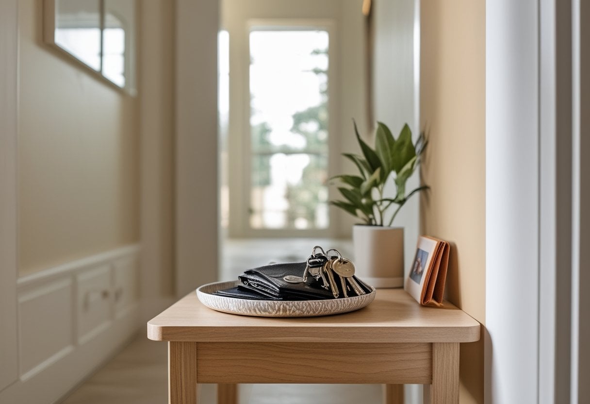 A tidy entryway table with keys and wallets neatly organized in a bowl, with natural light and a small plant nearby.