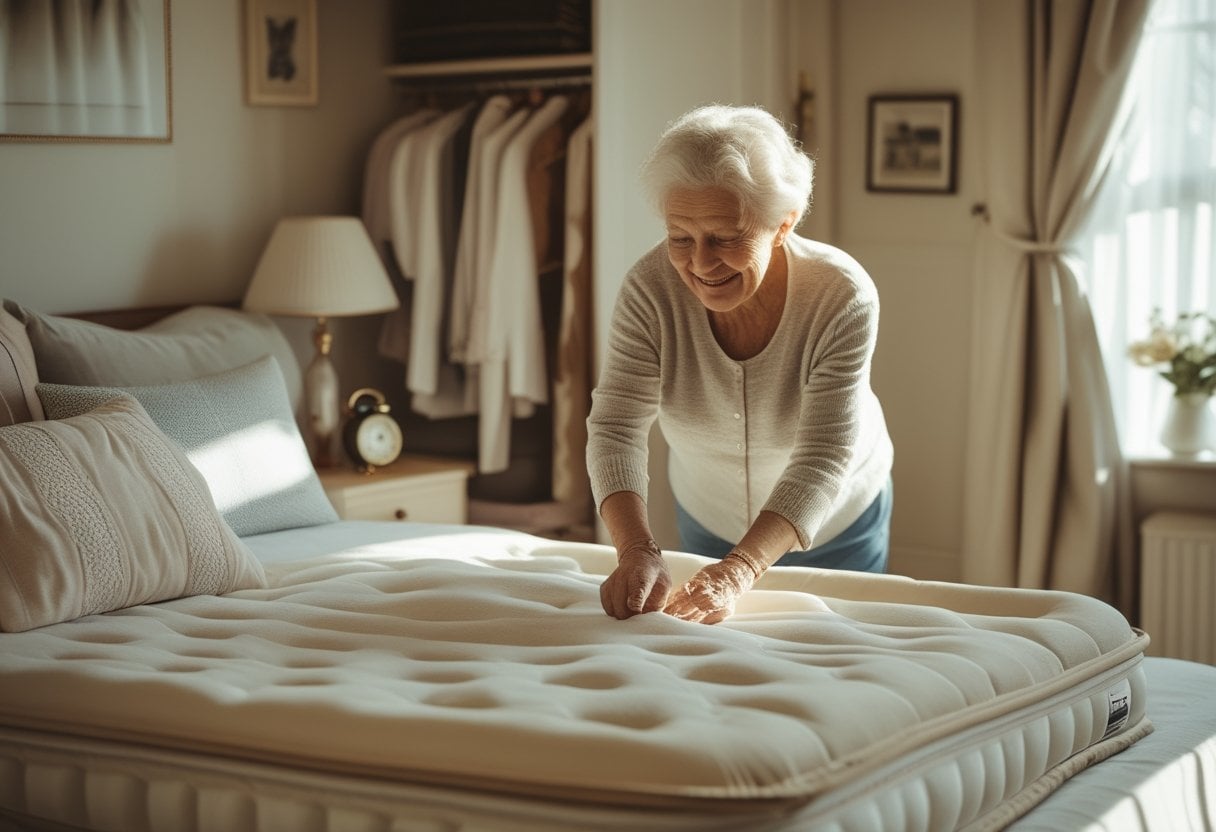 An elderly woman smoothing a neatly made bed with an air mattress in a cozy, sunlit bedroom.