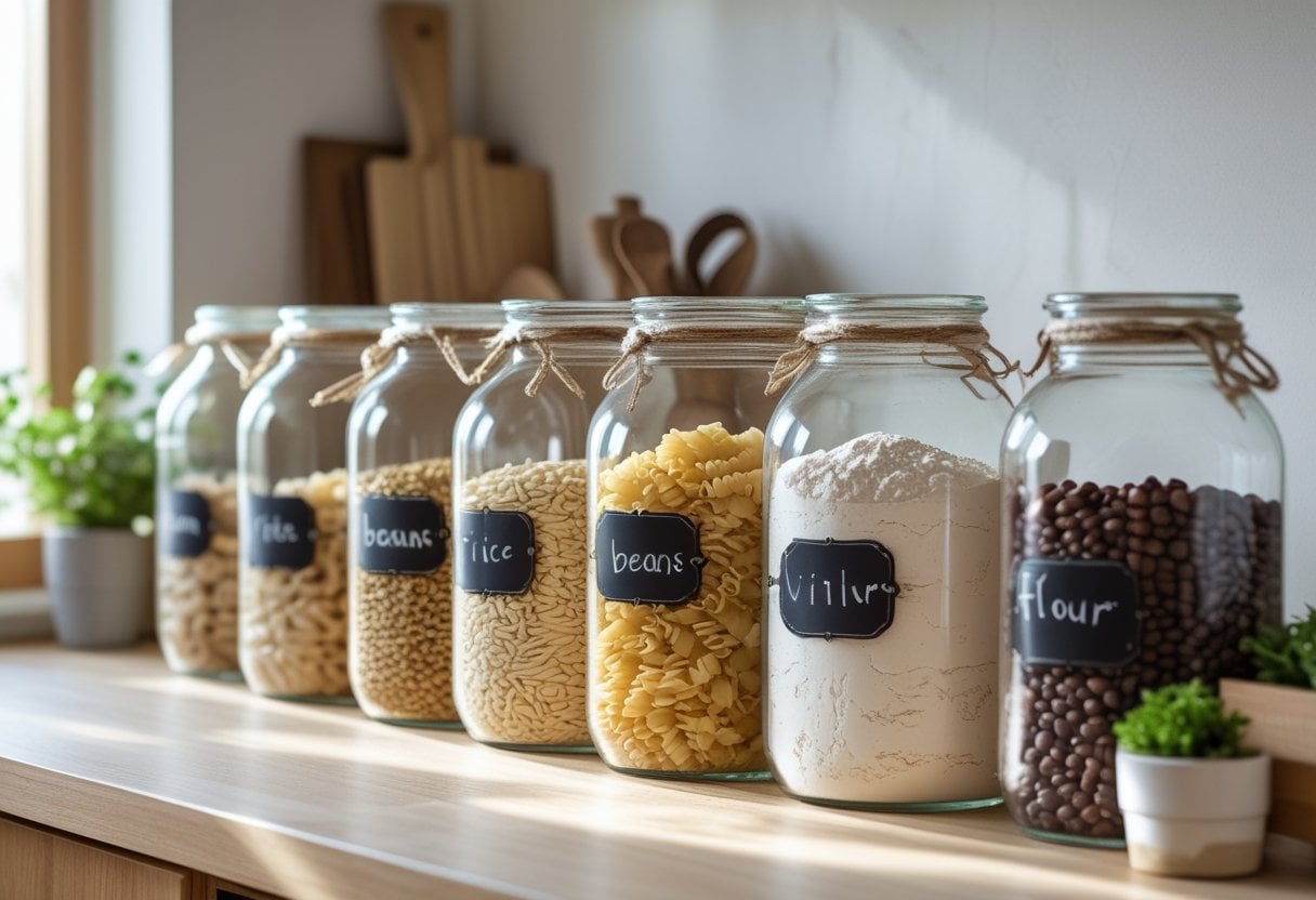 Glass jars filled with dry goods arranged on a kitchen countertop with handwritten labels attached.