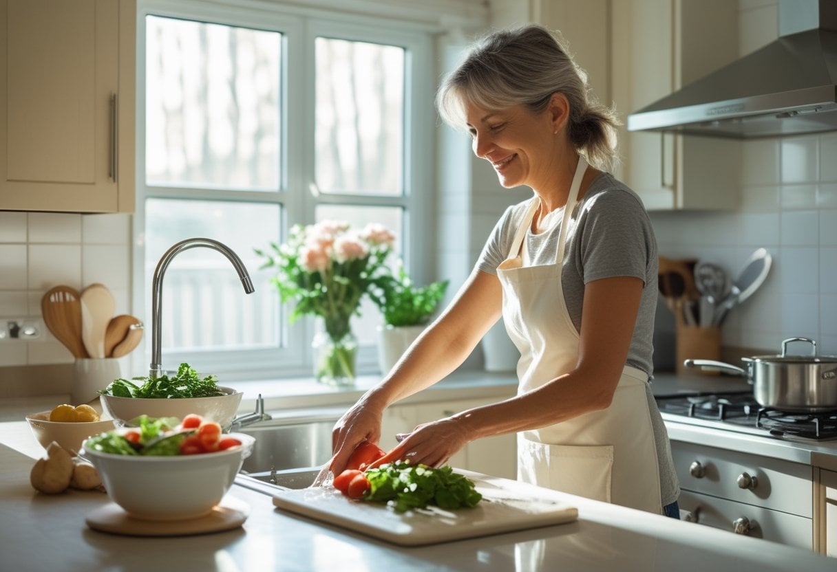 A woman washing a cutting board in a clean kitchen with fresh vegetables and cooking utensils on the counter.