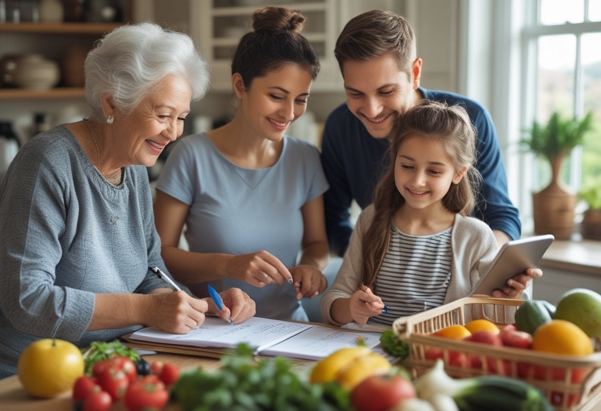 An elderly woman writing a weekly menu while family members prepare a shopping list in a kitchen.