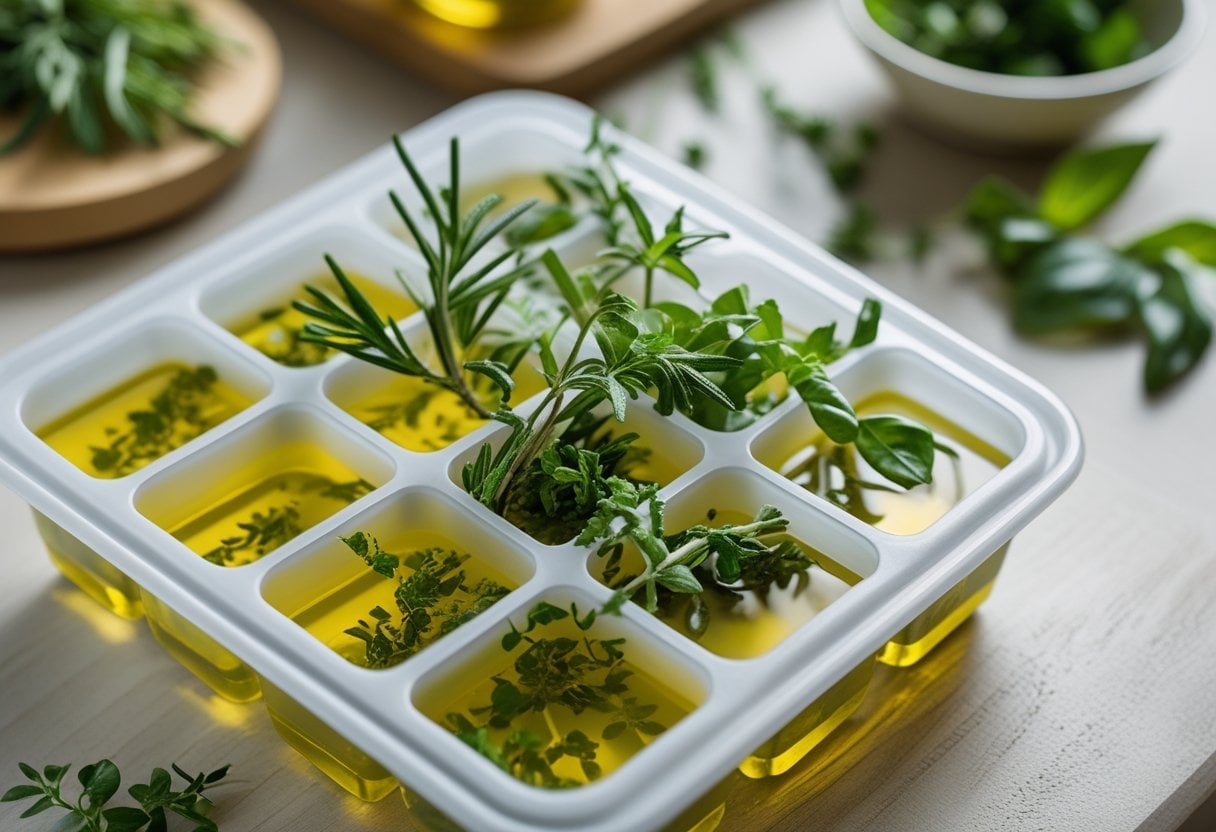 Close-up of fresh herbs frozen in olive oil cubes in a silicone ice tray on a wooden kitchen countertop.