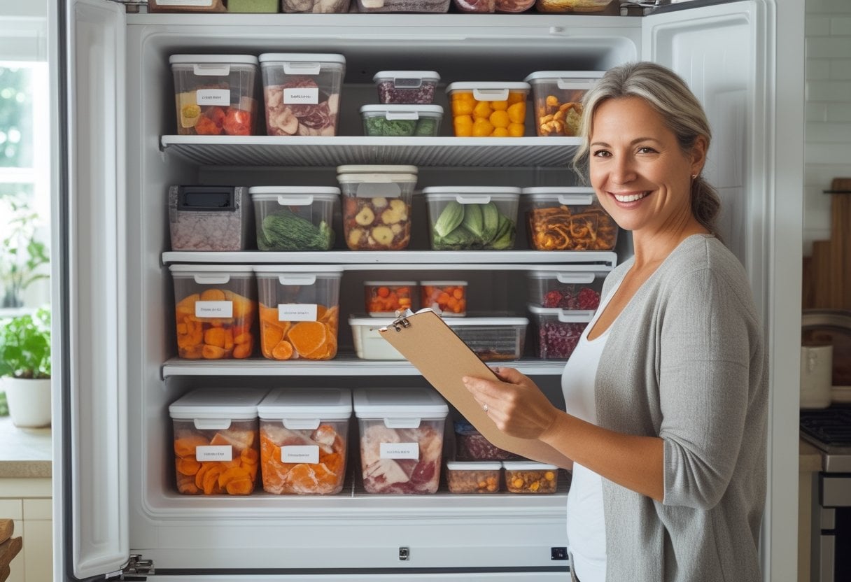 A woman checking a well-organized freezer filled with food containers and frozen items in a bright kitchen.