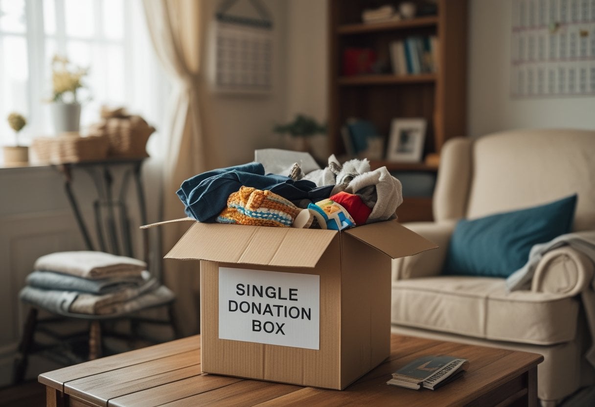A donation box filled with household items on a table in a cozy living room, with natural light and home decor in the background.