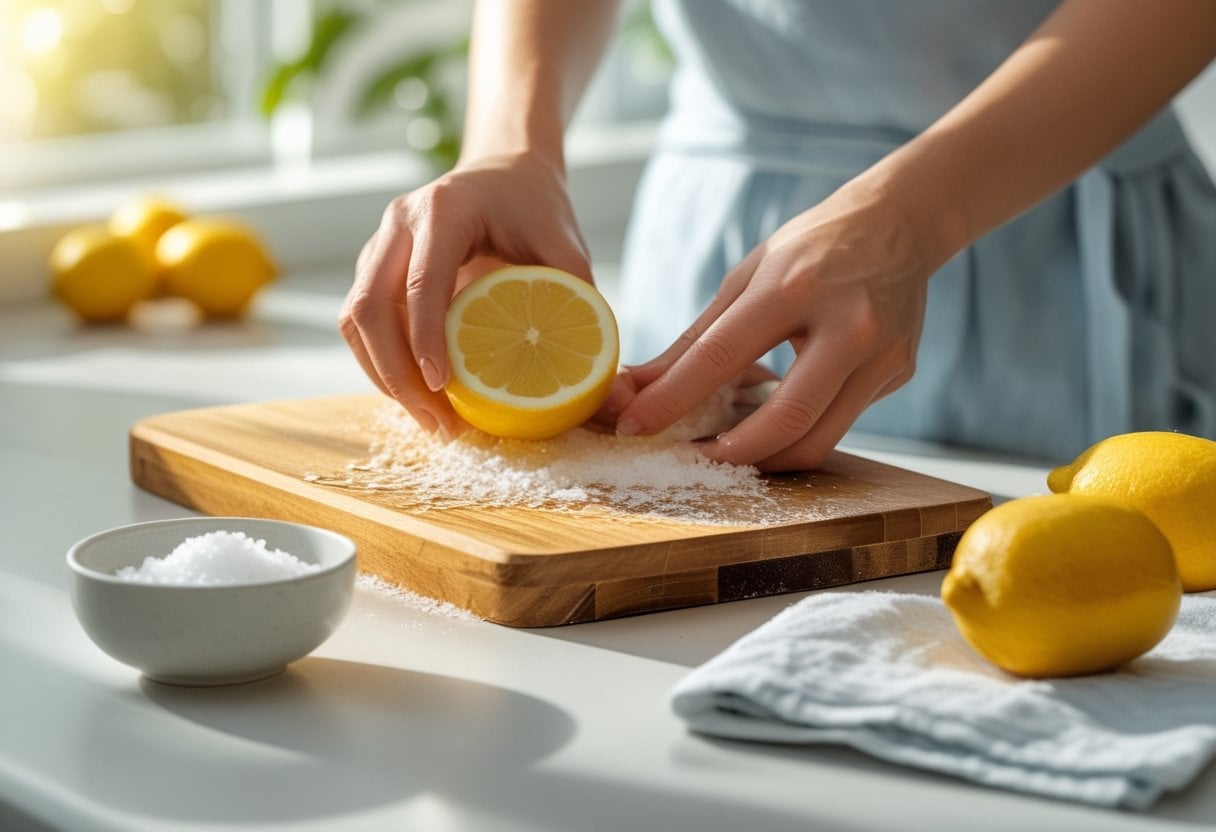 Hands rubbing a lemon on a wooden cutting board in a bright kitchen with lemons and salt nearby.