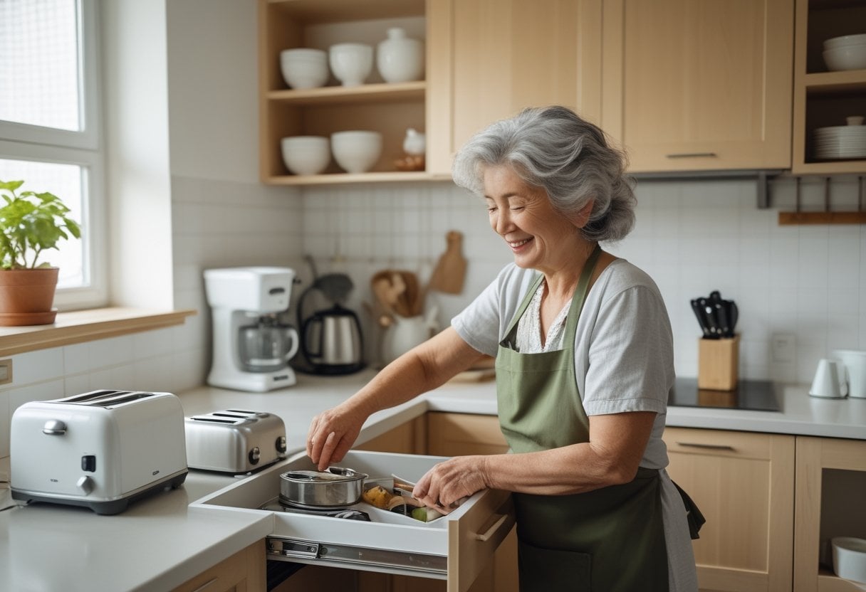 An elderly woman organizing a tidy kitchen countertop with one of each kitchen gadget, smiling as she arranges utensils.