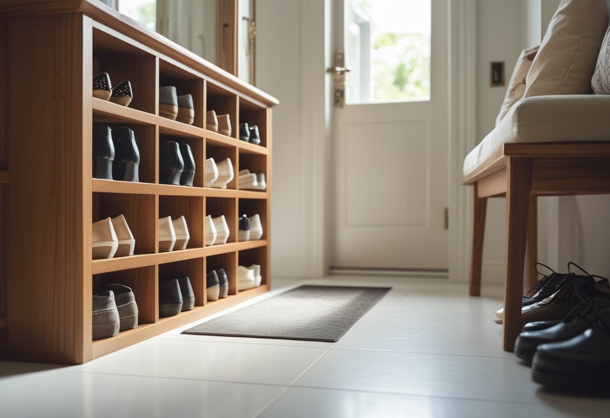A clean home entryway with a wooden shoe rack holding shoes and a bench for sitting to remove shoes.