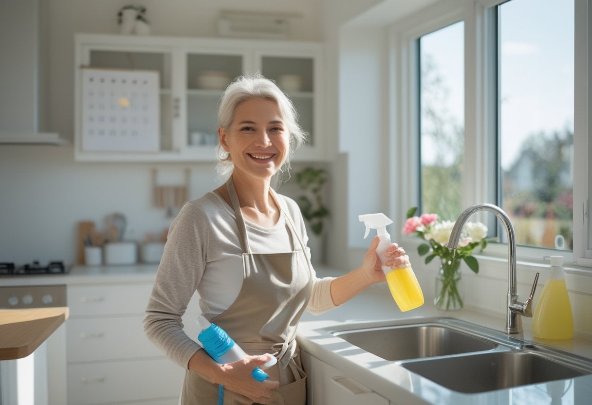 A woman holding cleaning supplies in a bright, tidy kitchen with sunlight coming through the window.