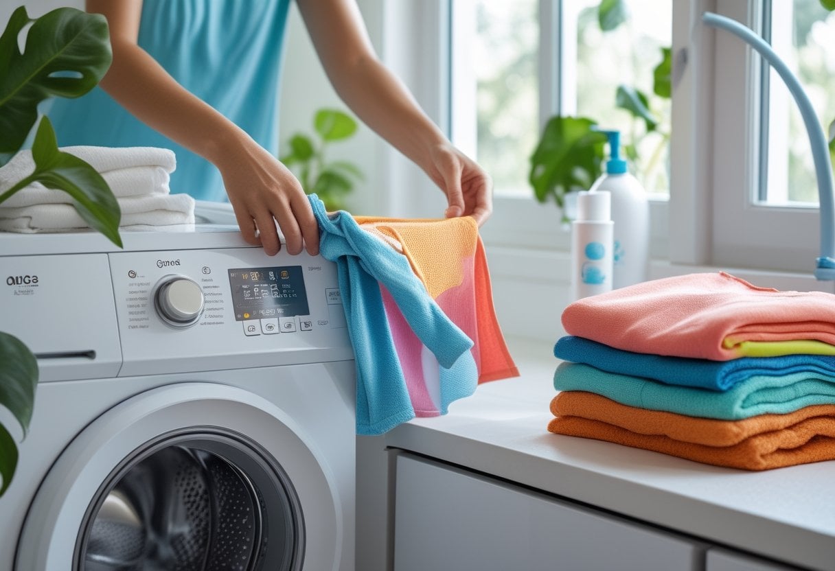 Hands placing colorful clothes into a washing machine set to cold water in a bright laundry room with folded laundry and plants nearby.