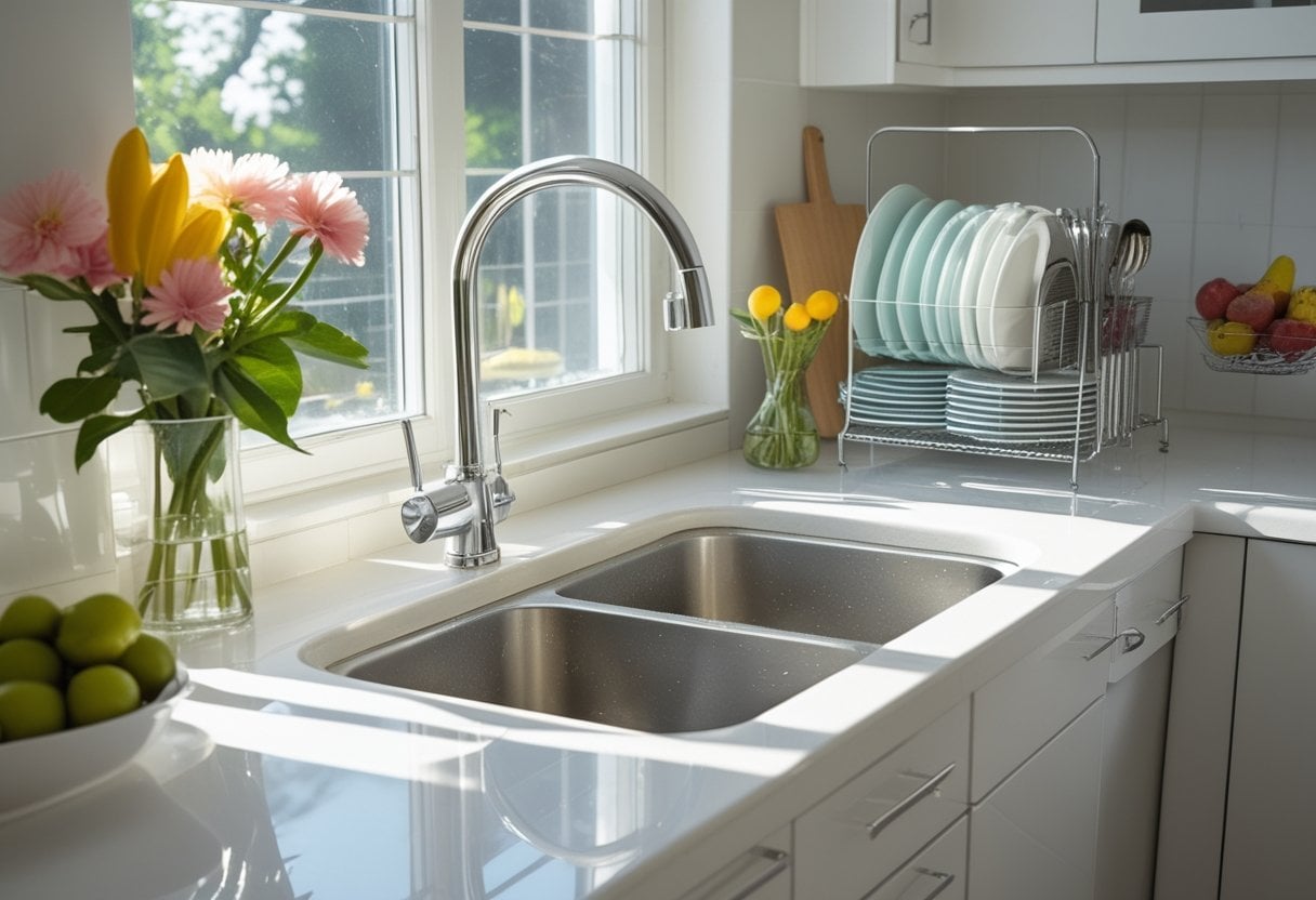 A clean kitchen with an empty sink, neatly stacked dishes on a drying rack, and sunlight coming through a window.