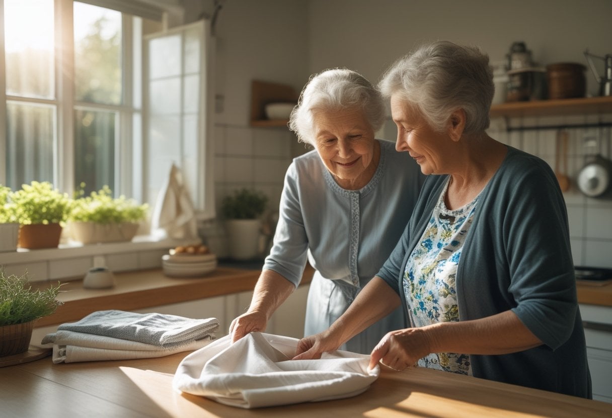 An elderly grandmother teaching a middle-aged woman household tasks in a cozy kitchen filled with natural light.