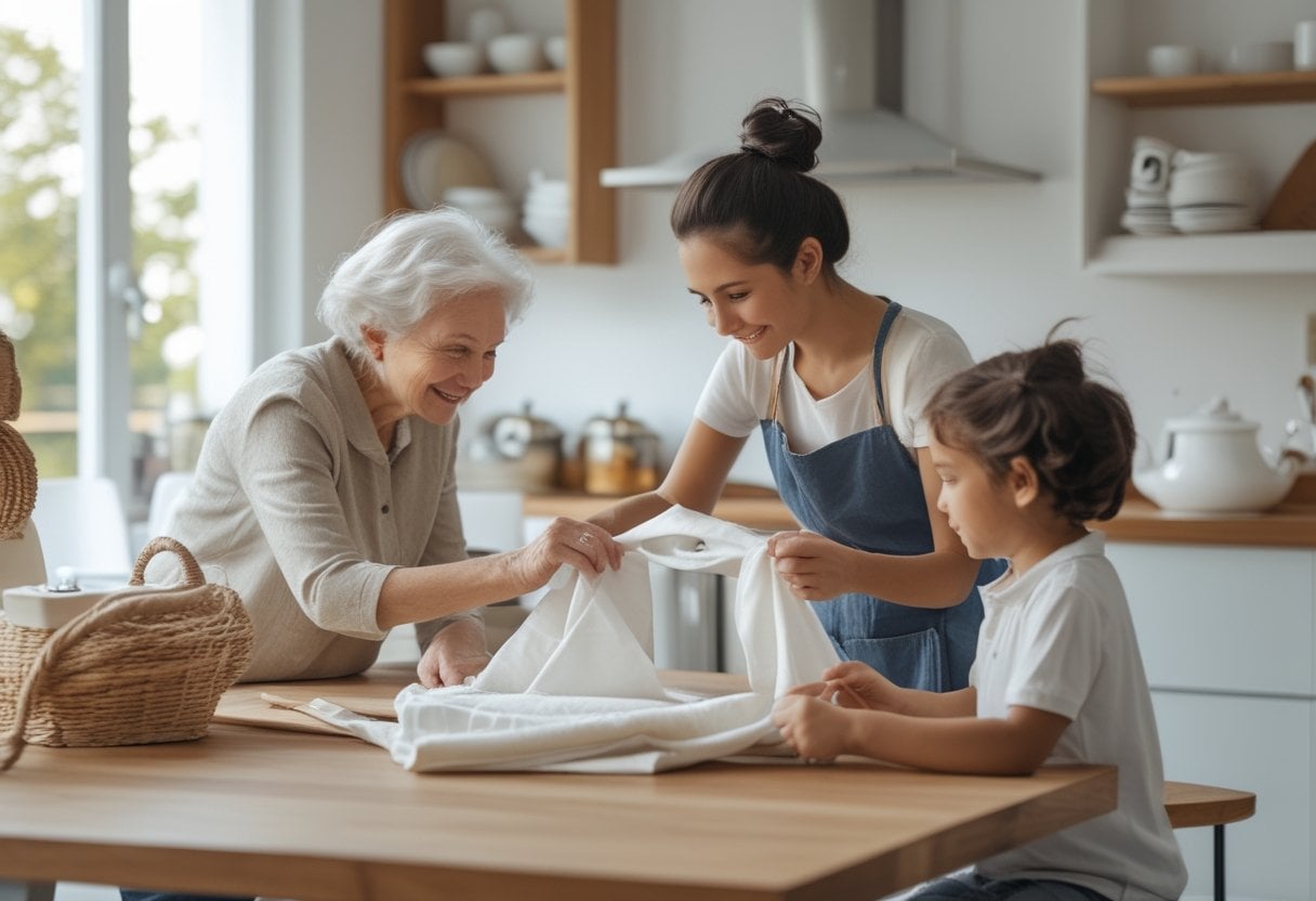A grandmother teaching a younger woman and child household tasks in a bright modern kitchen.