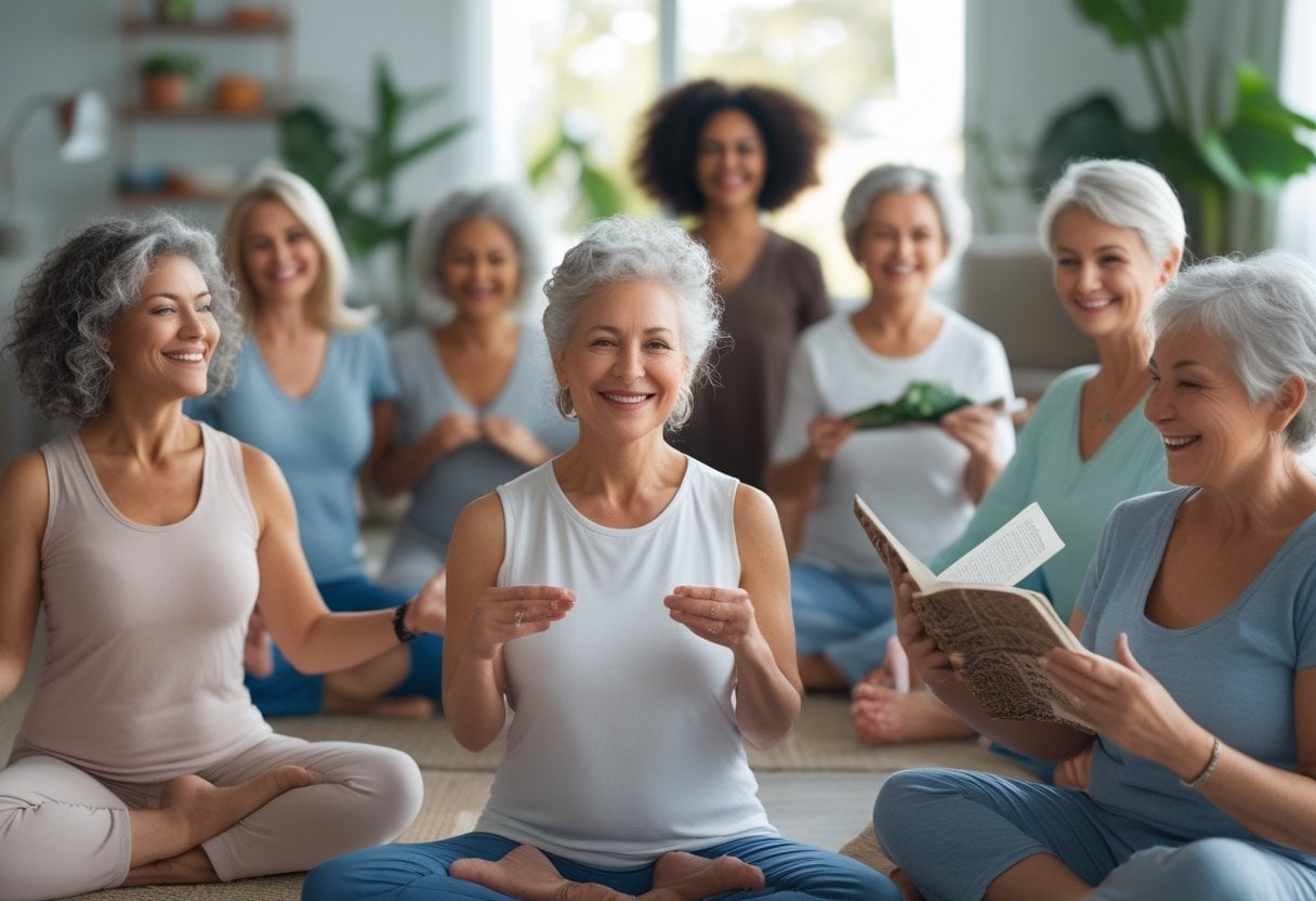 A group of diverse women over 50 smiling and engaging in activities like yoga, reading, journaling, and gardening in a bright, cozy indoor setting.