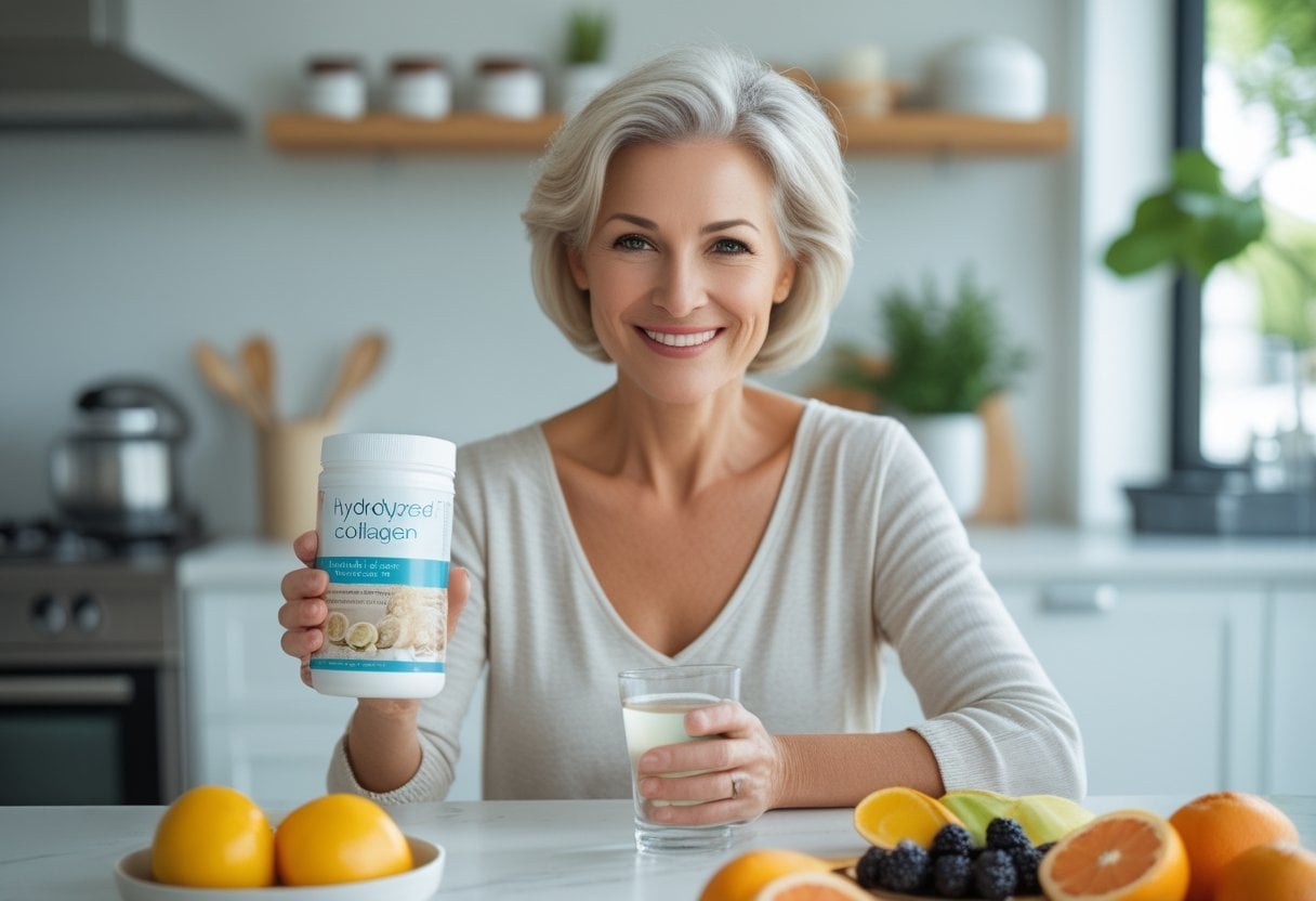 A smiling woman over 50 holding a glass of water and a collagen supplement container in a bright kitchen with fresh fruits on the counter.