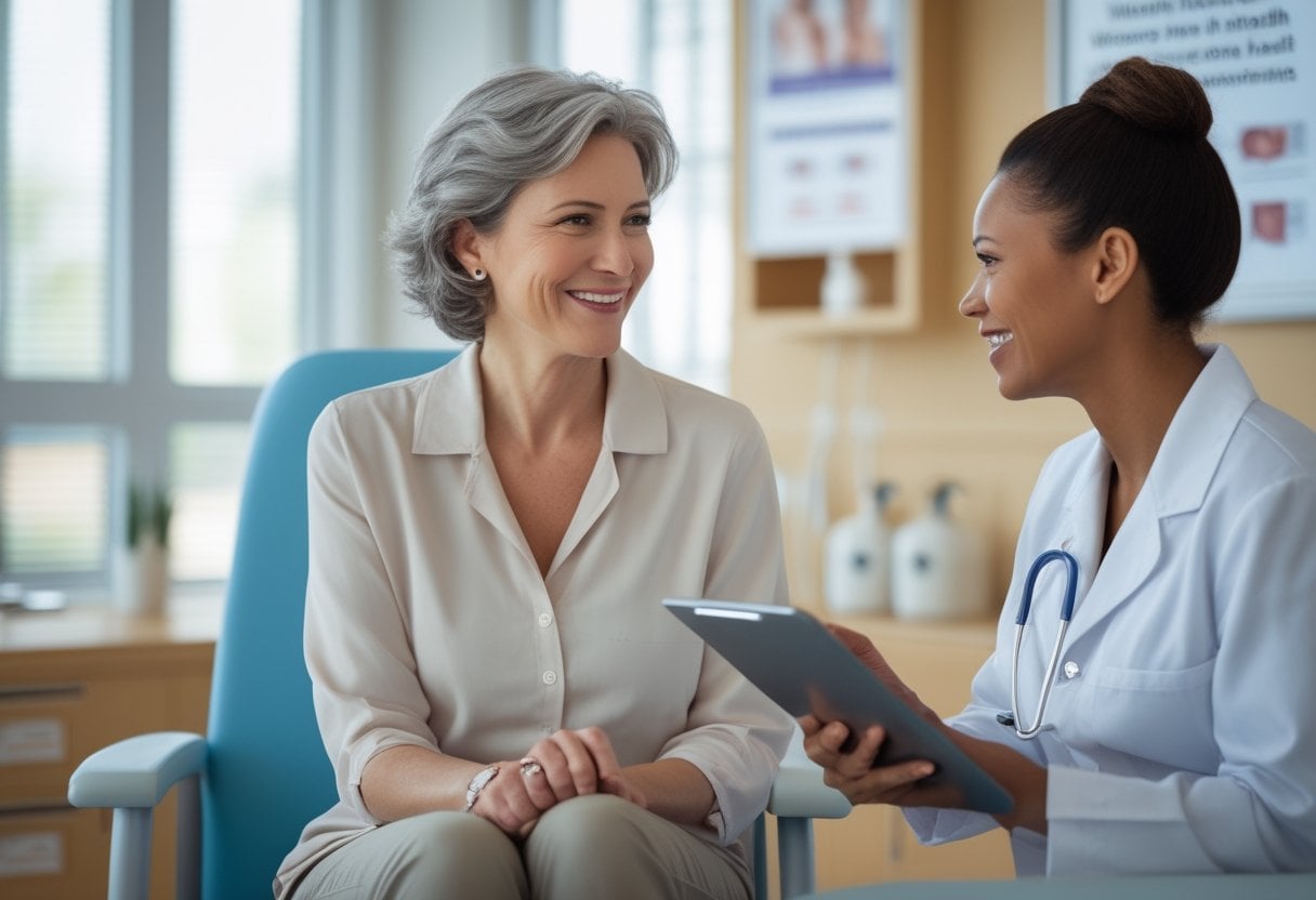A woman in her early 50s talks with a female healthcare professional in a medical office about breast health.