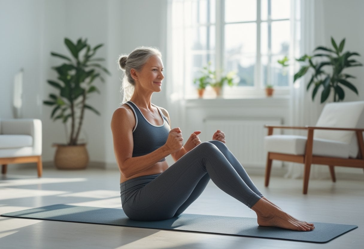 A mature woman in athletic wear sitting on a yoga mat at home, performing pelvic floor exercises.