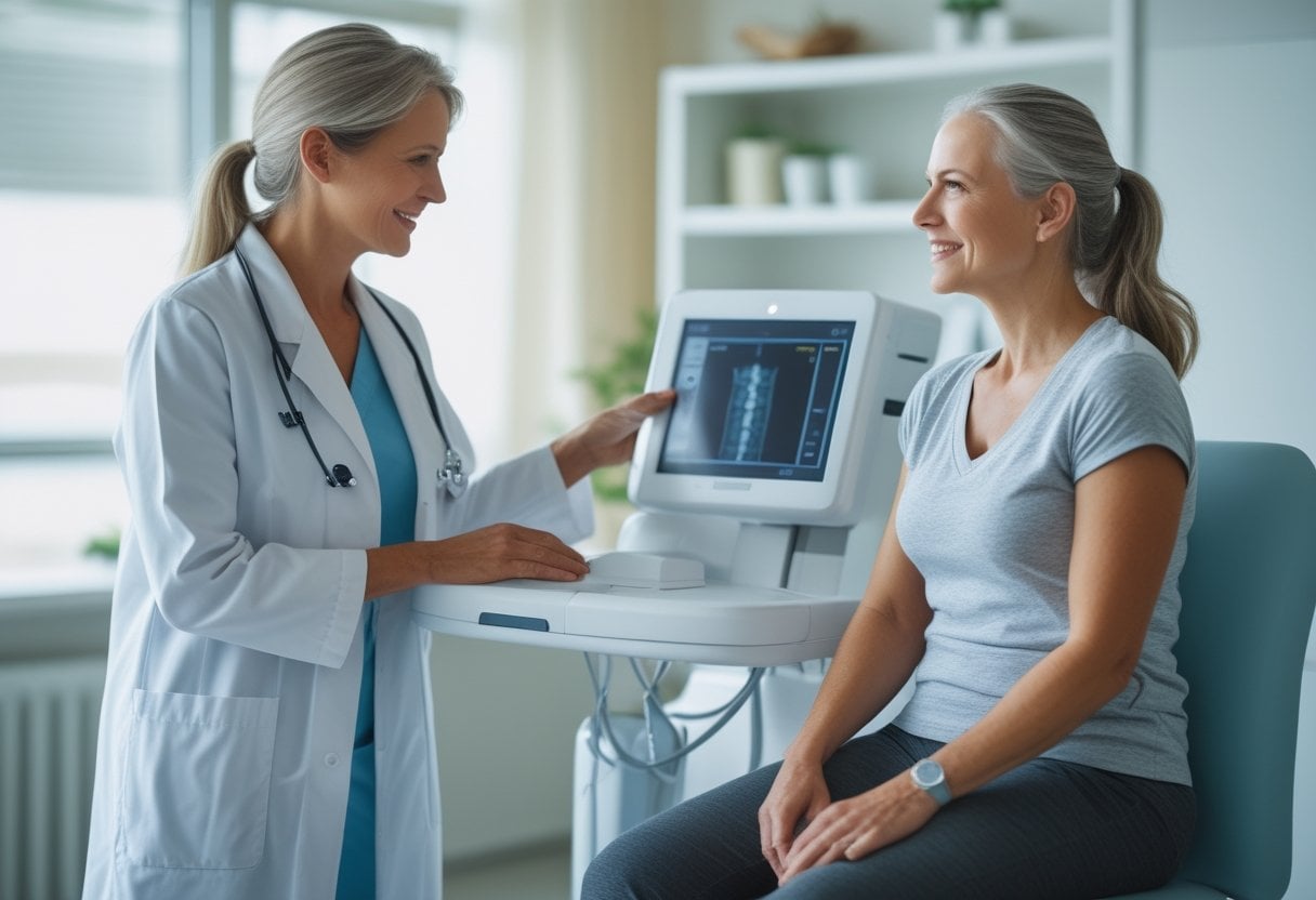 A woman in her early 50s receiving a bone density scan from a female healthcare professional in a bright medical clinic.