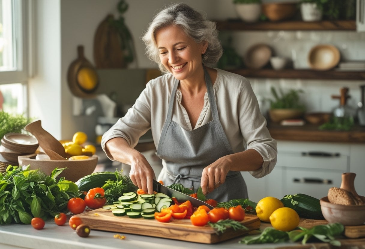 A mature woman preparing fresh vegetables in a sunlit kitchen with Mediterranean ingredients on the counter.