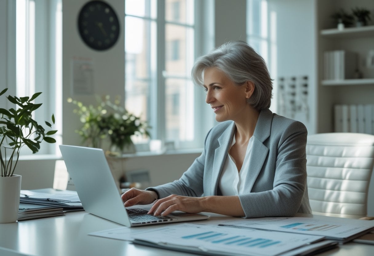 A woman over 50 sitting at a desk reviewing financial documents and using a laptop in a bright office.