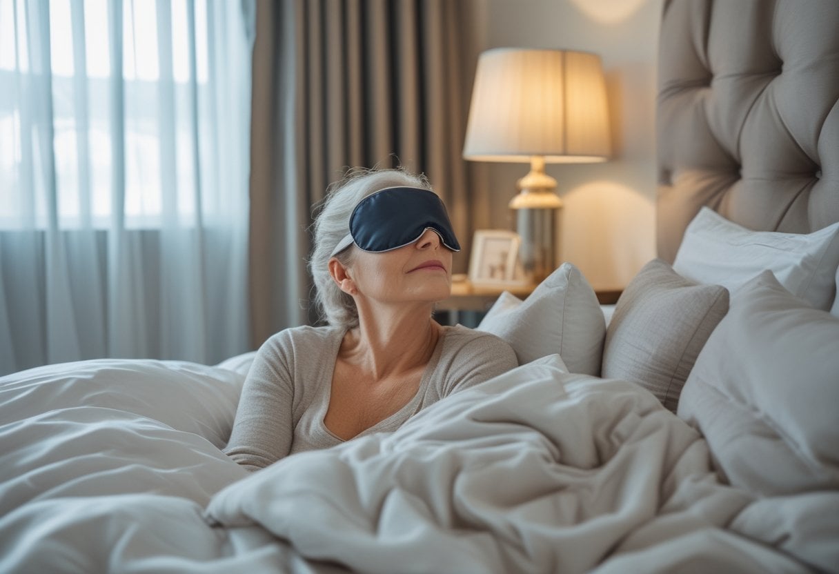 A mature woman wearing a sleep mask resting peacefully in bed with blackout curtains closed in a calm, tidy bedroom.